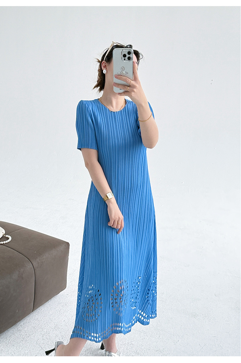 Váy maxi xếp ly đốt hoa tay ngắn phong cách Pháp — Màu xanh da trời chi tiết 8