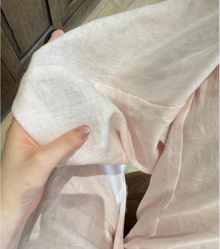 Quần ống rộng vải lanh phối sợi cotton dáng suông rủ nhẹ phong cách lão tiền — màu hồng, Xanh da trờicolor chi tiết 1