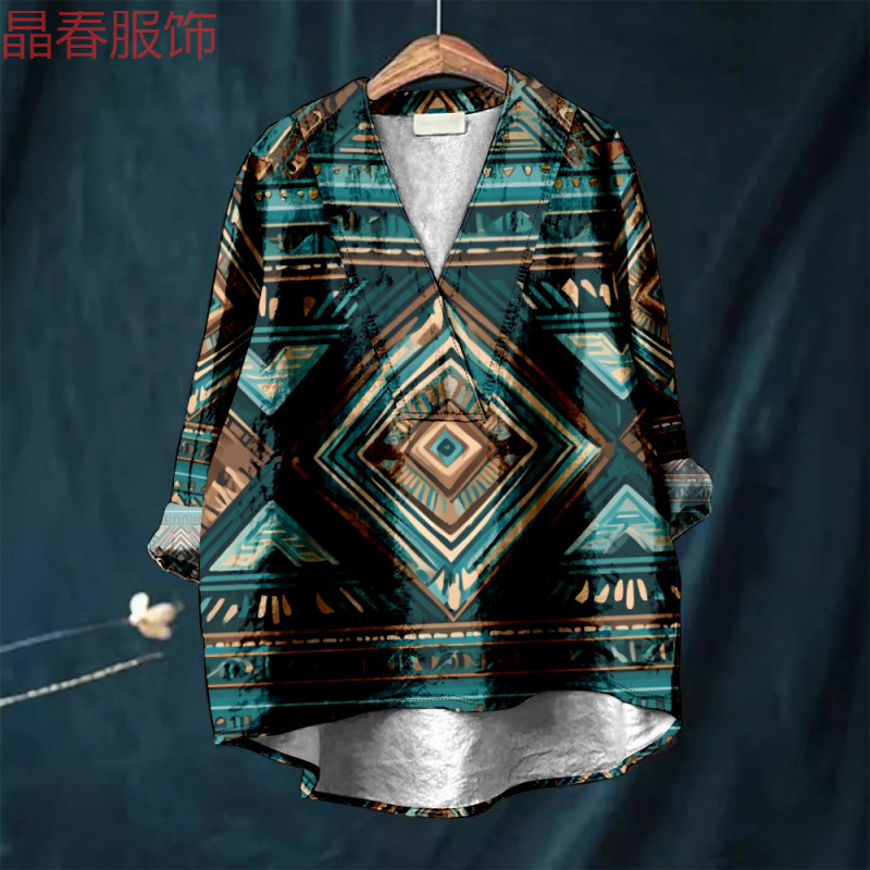 Christmas Print Loose Casual Collar Plus Size Women's Shirt