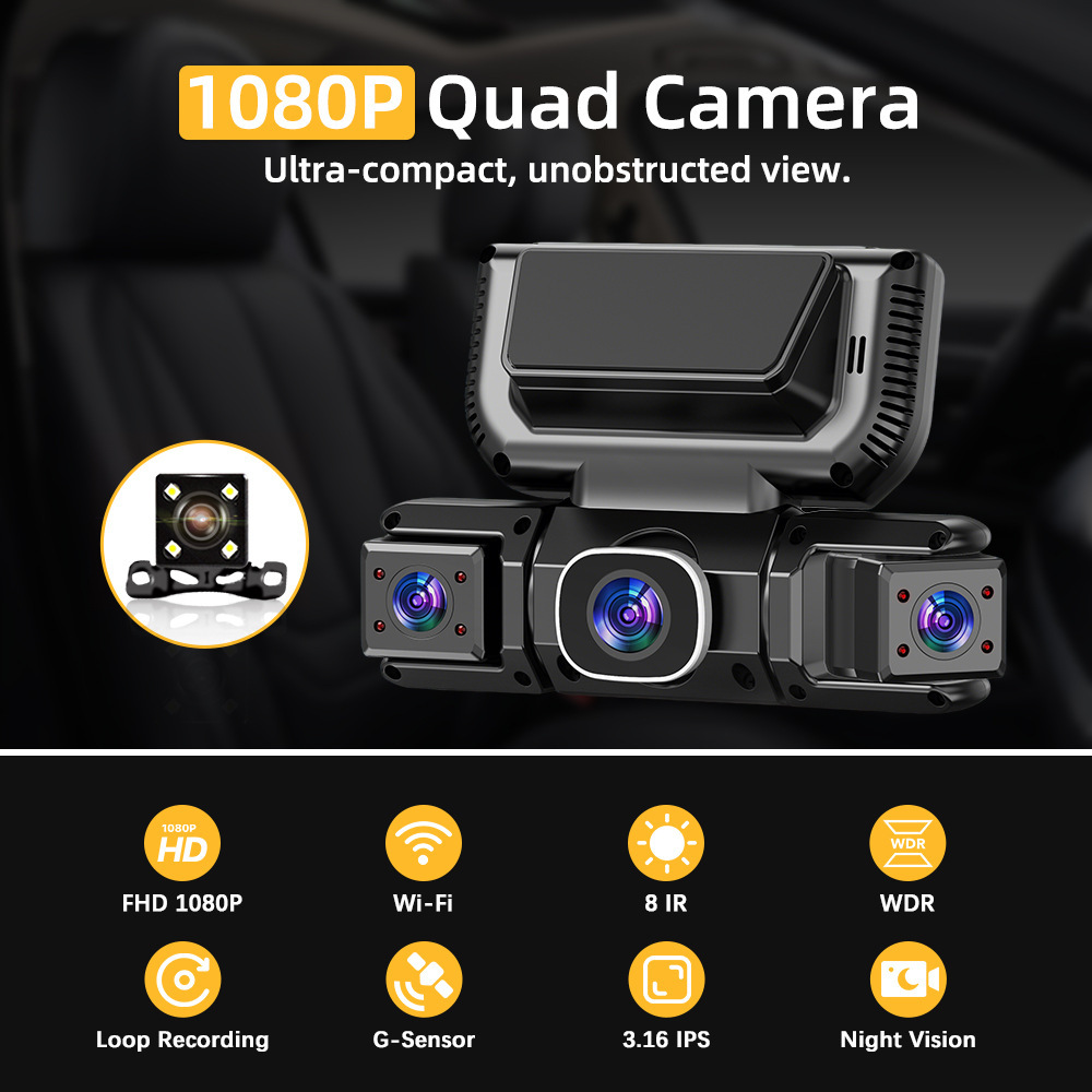 New Model 3inch Four-Channel High-Definition Dash Cam with Infrared Night Vision, Ips High-Definition Screen, and Wifi Mobile Connectivity