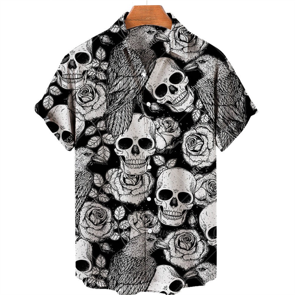 Camisa de Halloween de bala de cuatro lados de calavera digital de venta caliente para hombres con estampado transfronterizo de cuatro lados Halloween suelto casual