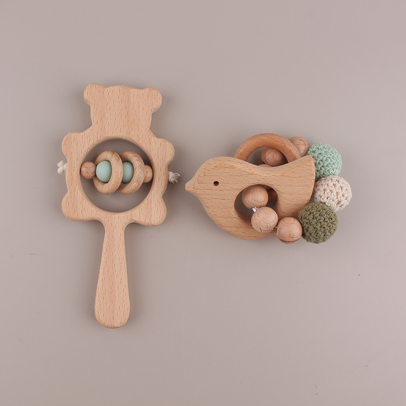 Beech Bear Bell Baby Molars Bracelet Handmade Beads Cartoon Handbell Juguetes para niños dos piezas