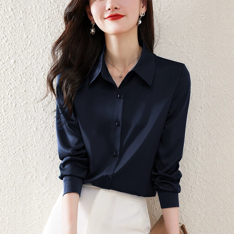 High-end women's silk shirt for spring and autumn, elegant professional long-sleeve satin shirt with a luxurious feel, wrinkle-resistant and non-iron formal top