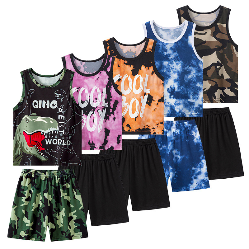 Overseas Cross-Border Export 2-Piece Summer Kidsren's Fun Printed Vest Suit for Boys and Girls Casual and Handsome Set