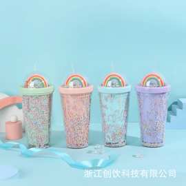 韩式双层通用塑料杯女孩彩虹吸管杯梦幻泡泡大容量冰杯可爱公仔杯