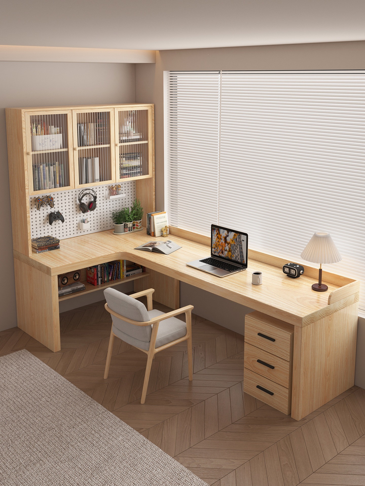 Solid wood corner desk and bookcase with solid wood color glass…