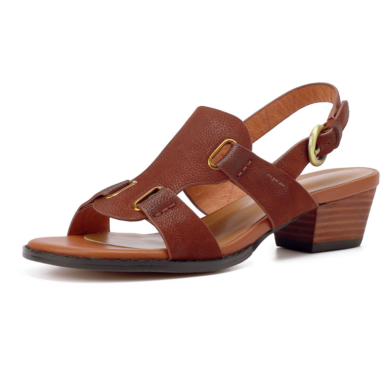 Sandal La Mã cổ điển hở mũi quai khóa gót dày nữ — Màu nâu
