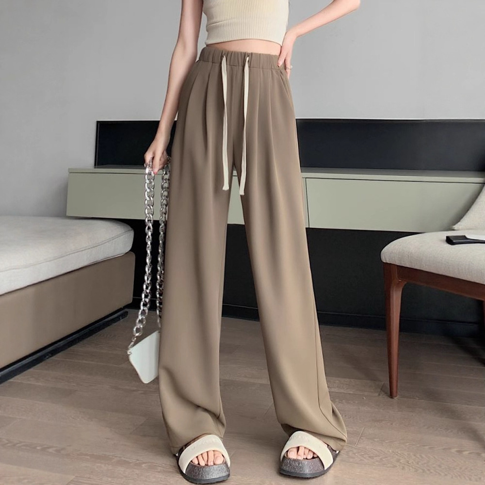 Ins Hong Kong estilo de verano coreano cintura alta cuerda de dibujo colgante sensación casual cintura elástica pantalones de mujer pantalones rectos pantalones de mujer image 3