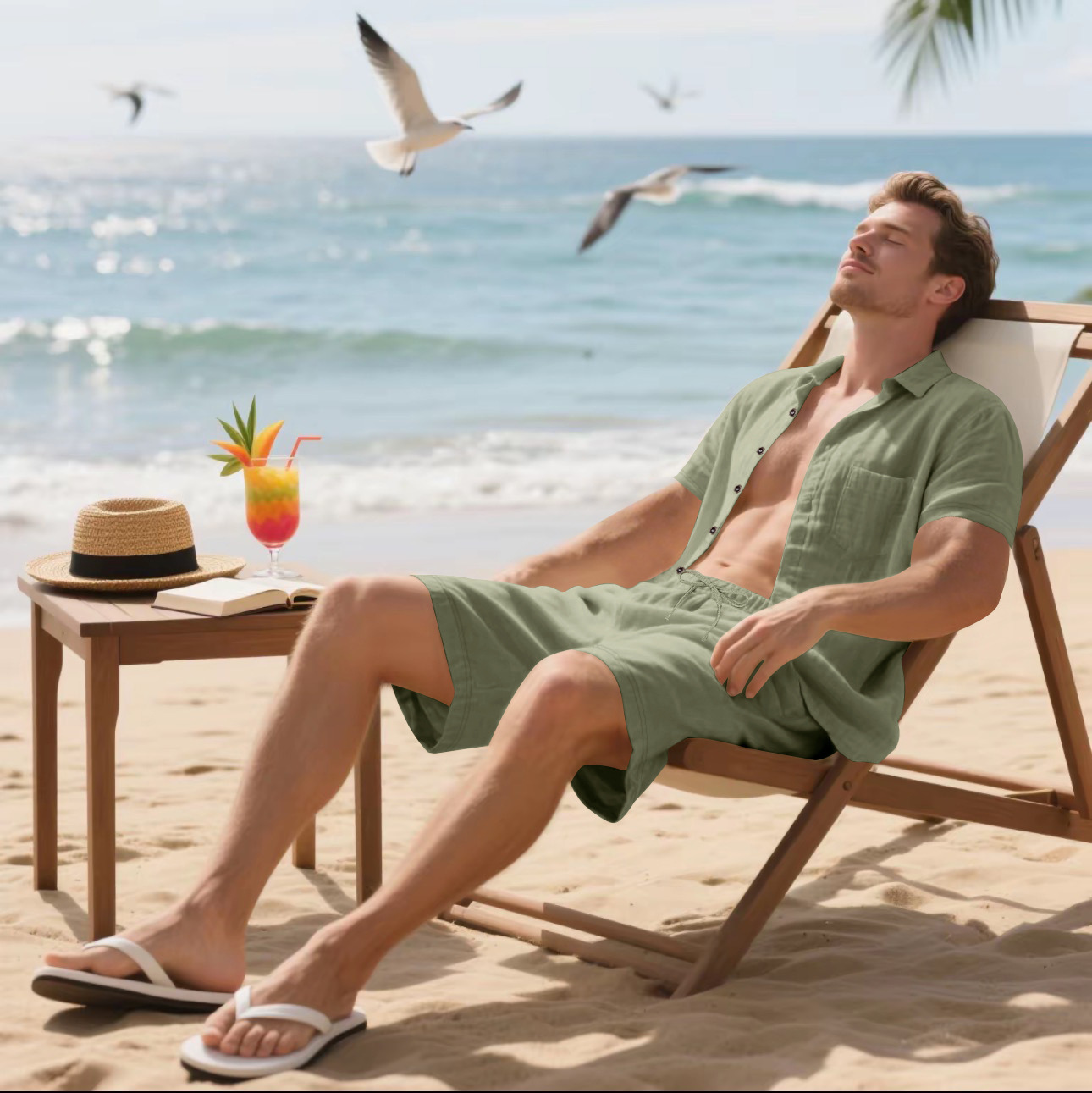 Herren Leinenhemd Mit Shorts Set Sommer Freizeit Strandoutfit_voghion.com