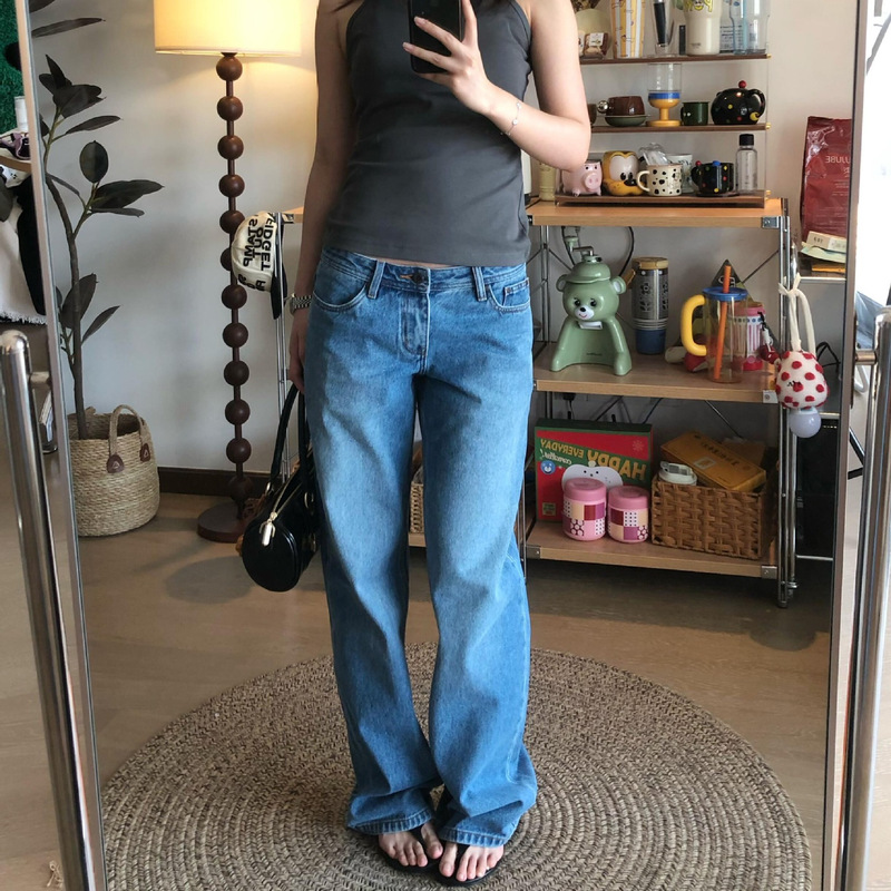 080L Vintage light blue Washed Old Medium and Low Waist Straight Jeans Women's Relaxed Loose Cotton Casual Pants