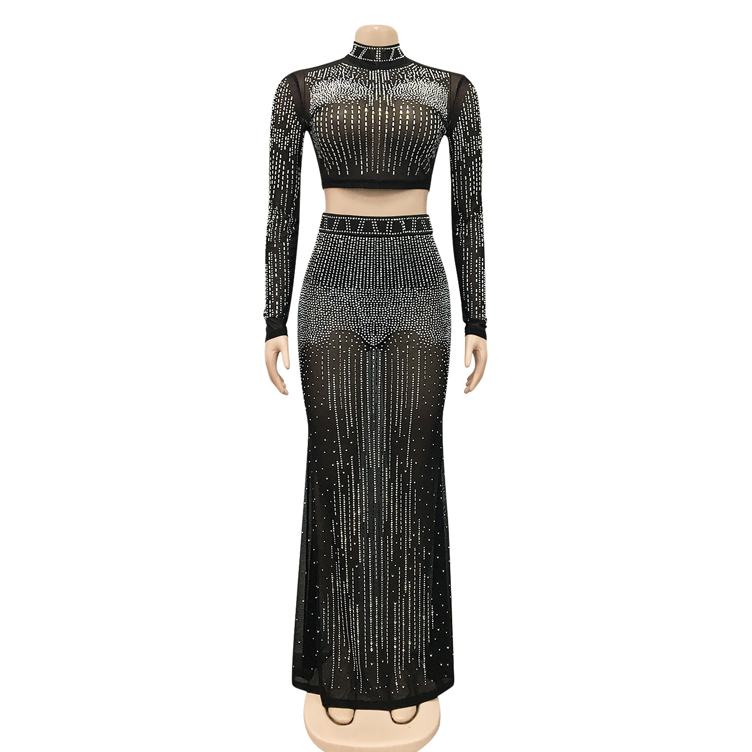 X5379 transfronterizo nuevo Ebay moda europea y americana sexy club nocturno de las mujeres de malla transparente de manga larga vestido de dos piezas conjunto