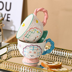 Hand-painted relief ceramic large capacity breakfast cup oatmeal cup cute girl water cup high-quality coffee cup milk cup