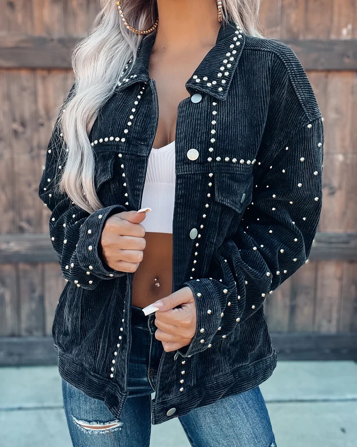 Women's Clothing 2024 early autumn new style casual fashion corduroy rivet long sleeved jacket_voghion.com