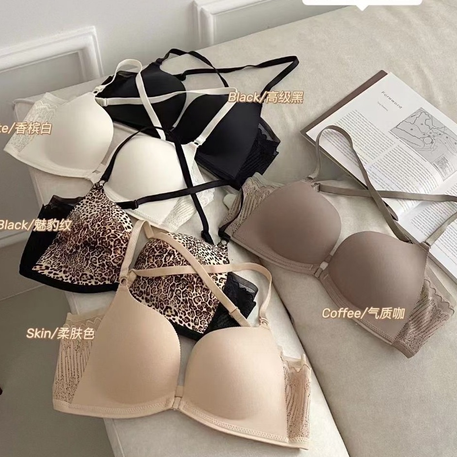 167 hebilla delantera con estampado de leopardo sexy sin anillo de acero hermosa espalda cruzada ropa interior pequeña de pecho recogido sujetador simple anti-caída