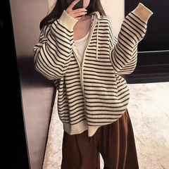 新款杏色抽绳连帽条纹毛衣开衫女秋季韩版宽松百搭针织上衣外套
