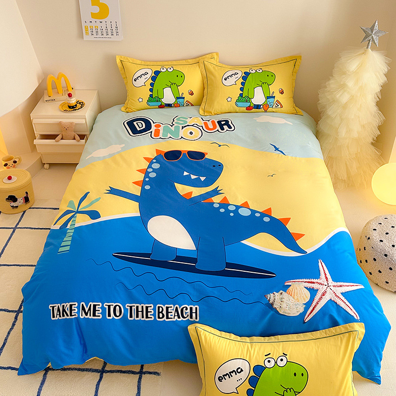 卡通恐龙全棉床上用品四件套儿童男孩纯棉宿舍被套床笠三件套外贸