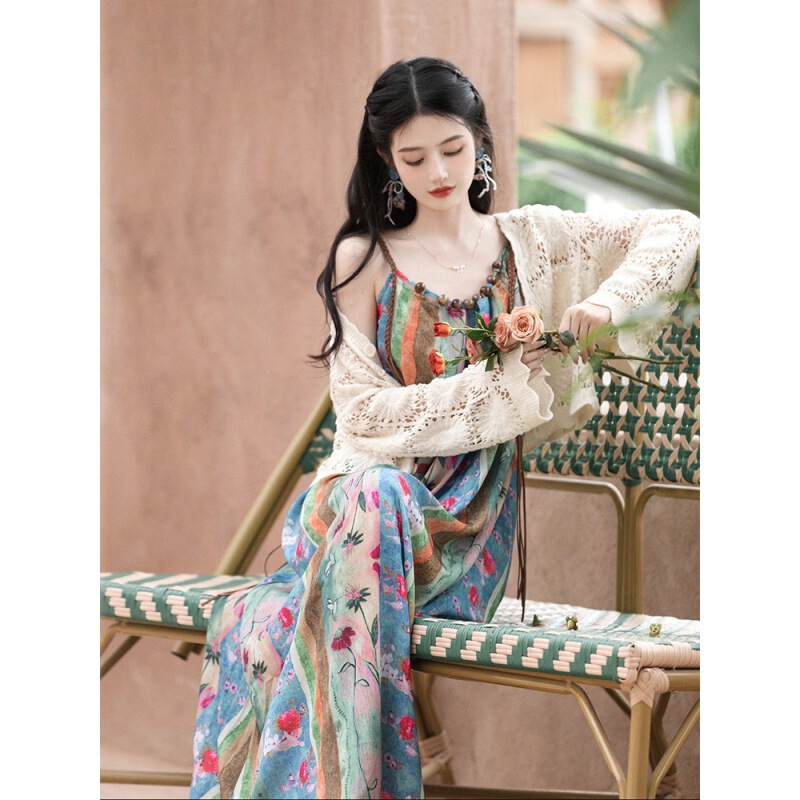 Yunnan Travel Wear Women's High-end Seaside Vacation Summer Dopamine Sling dress Cardigan Two-piece Set