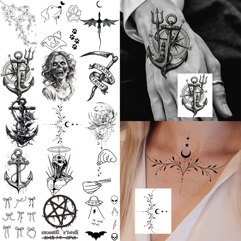 Cross-Border New Product Skull Anchor Tattoo Sticker Hand Back Tattoo Sticker Temu Europe and America Shein Amazon Tattoo