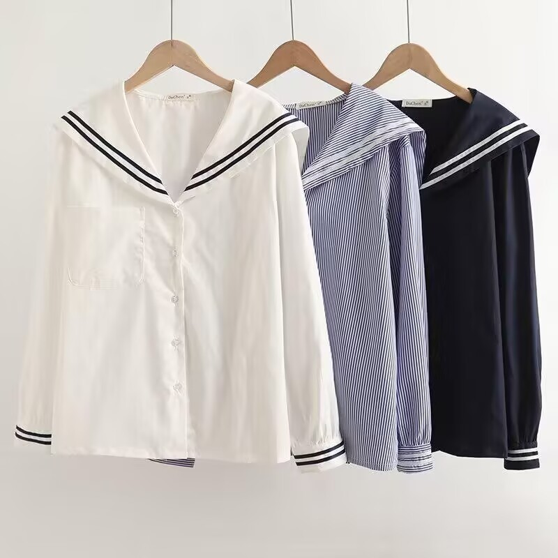 Autumn 2024 New Arrival Navy Collar Striped Loose Women's Cardigan Shirt Long Sleeve Top Base Shirt