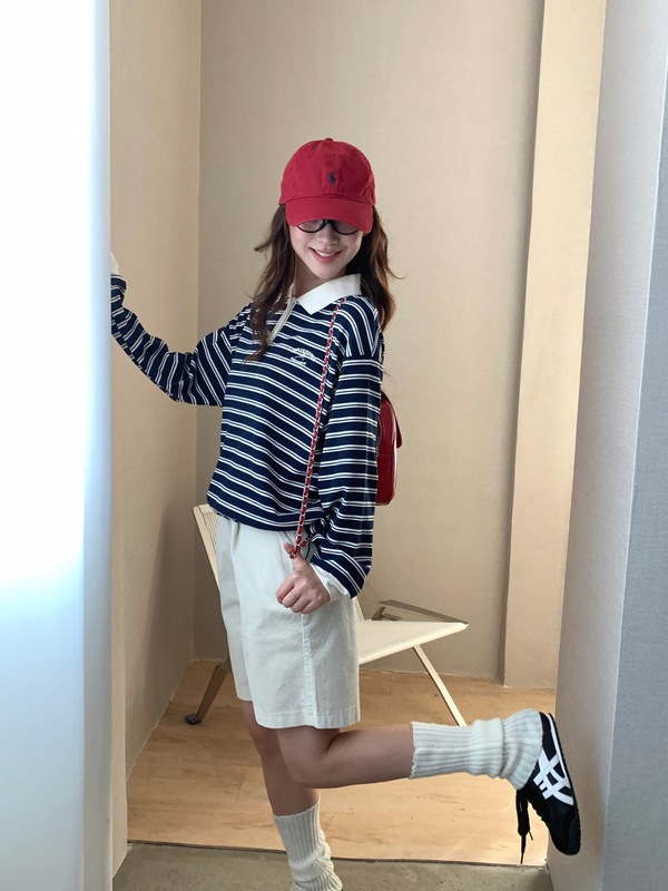3655长袖2025秋新款女紫米刺绣条纹休闲POLO领T恤即墨卫衣厂|undefined