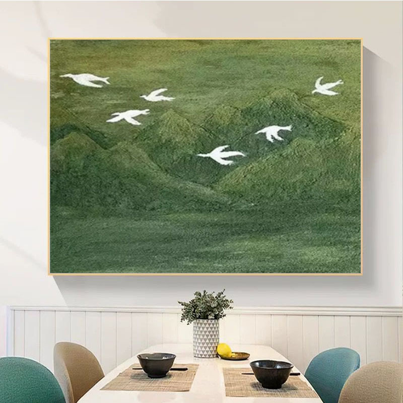 Hand-Painted Stereo Sandstone Painting, Antique Style Bird Living Room Sofa Decoration Painting, Abstract Green Mountain Horizontal Version Study Hanging Painting