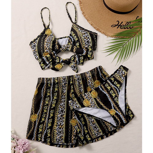 欧美宫廷复古链条比基尼女性感网纱三件套分体泳衣印花泳装bikini