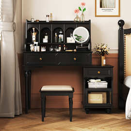 法式复古梳妆台美式黑色实木化妆桌卧室收纳斗柜书桌一体小户型