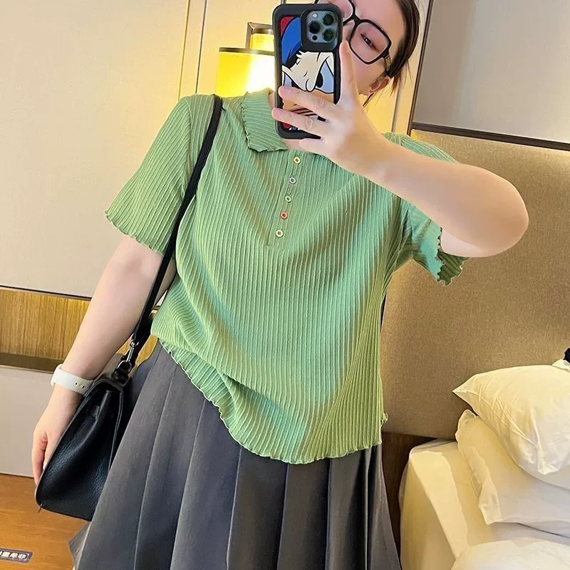 45-150kg женский допаминовый летний новый свободный топ с короткими рукавами для похудения, закрывающий живот, свободный модный топ