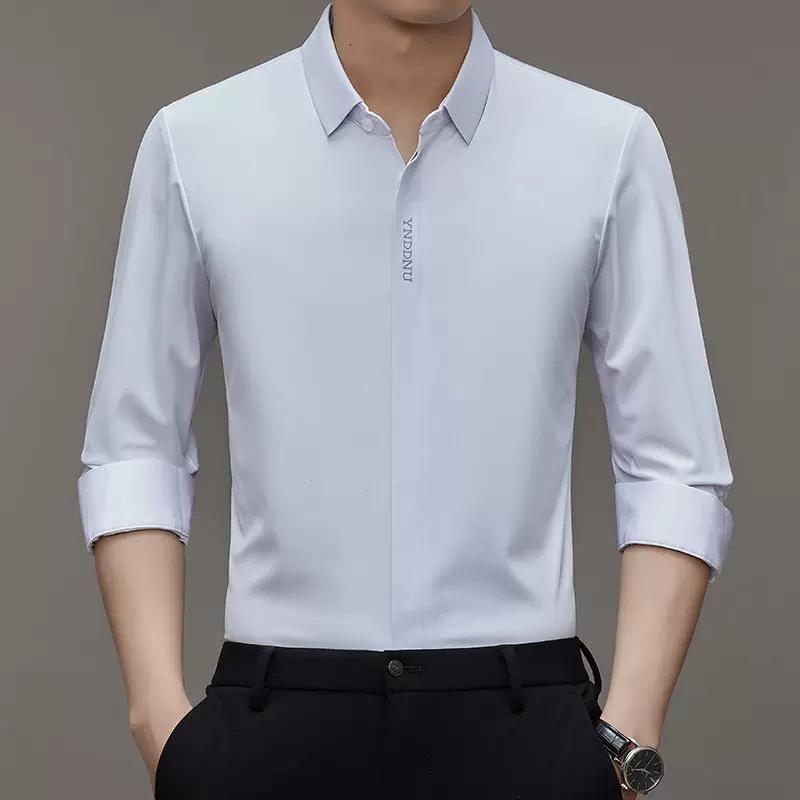 冰丝弹力长袖衬衫男士春秋季暗门襟免烫商务休闲宽松无痕抗皱衬衣