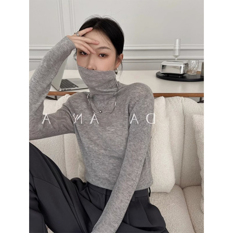 Grey Turtleneck Sweater Base Shirt Women's Autumn and Winter Interior Slim-fit Tight Knitted Long-sleeved Tight Piled Collar Top Grey Turtleneck Sweater Base Shirt Women's Autumn and Winter Interior Slim-fit Tight Knitted Long-sleeved Tight Piled Collar Top