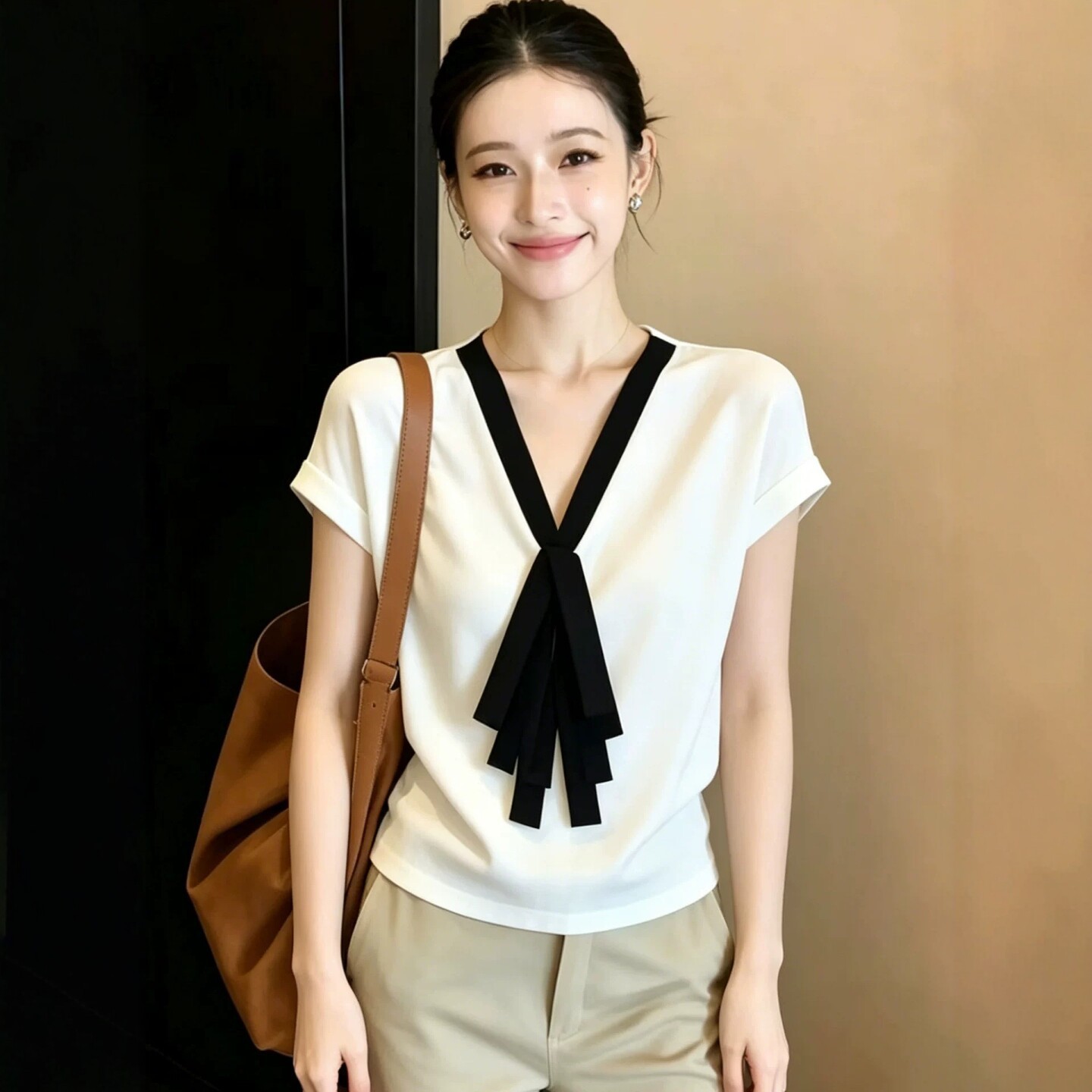 Áo thun nữ cổ V phối màu tay ngắn phong cách Hàn Quốc — Màu ảnh chi tiết 2