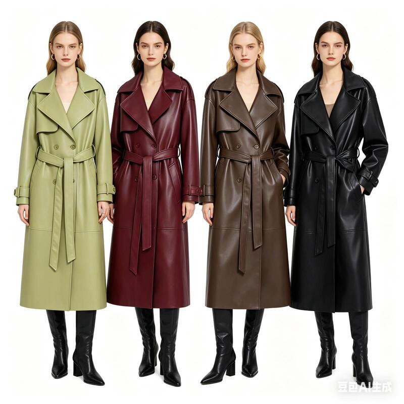 Wholesale Women's Clothing for Export: American-Style Spicy Girl Autumn and Winter Long Pu Leather Trench Coat with Lapel and Waist Tie Wholesale Women's Clothing for Export: American-Style Spicy Girl Autumn and Winter Long Pu Leather Trench Coat with Lapel and Waist Tie