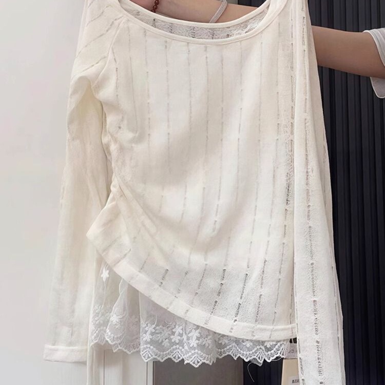 Plus Size Fat Girl 150kg Hollow-Out Long-Sleeve Knit Sweater Blouse Top for Women Summer Lace Patchwork Camisole Two-Piece Set Plus Size Fat Girl 150kg Hollow-Out Long-Sleeve Knit Sweater Blouse Top for Women Summer Lace Patchwork Camisole Two-Piece Set