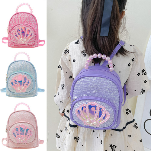 New children's backpack trendy fashion sparkling pearl top handle bag kindergarten kids dual shoulder backpack dropshipping one piece
