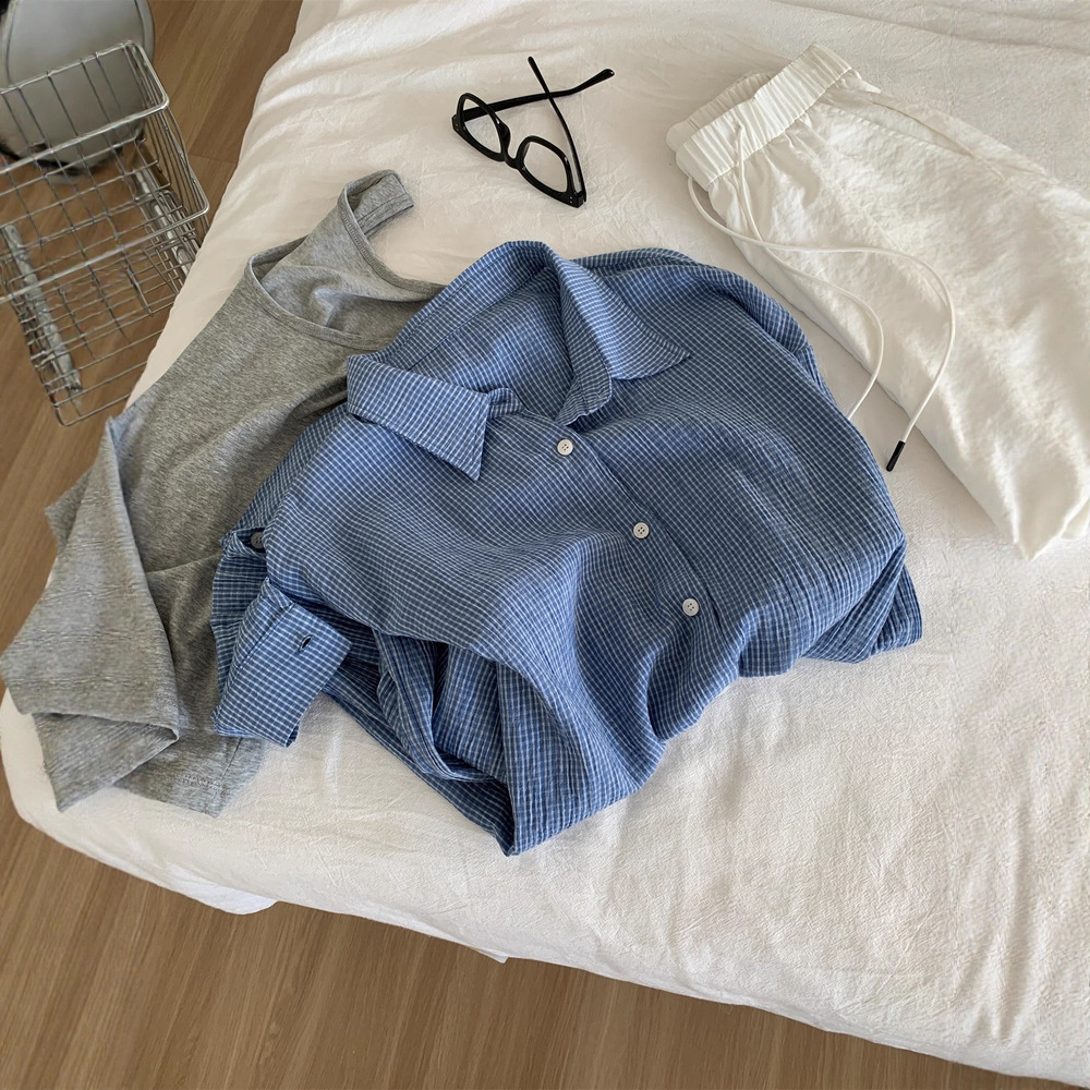 2025 Autumn Literary Retro Relaxed Washed Cotton Blue Plaid Shirt Women's Lightweight Breathable Loose Korean Style Shirt