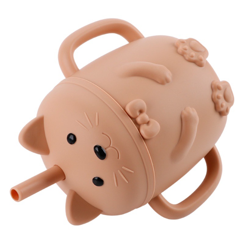 Cross-Border New Baby Cat Cup de silicona BPA GRATIS suplemento alimenticio taza de paja taza de bebida resistente a la caída gato de dibujos animados