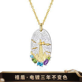 意大利工艺复古风珠宝设计师款项链 s925银镶嵌天然彩宝项链吊坠