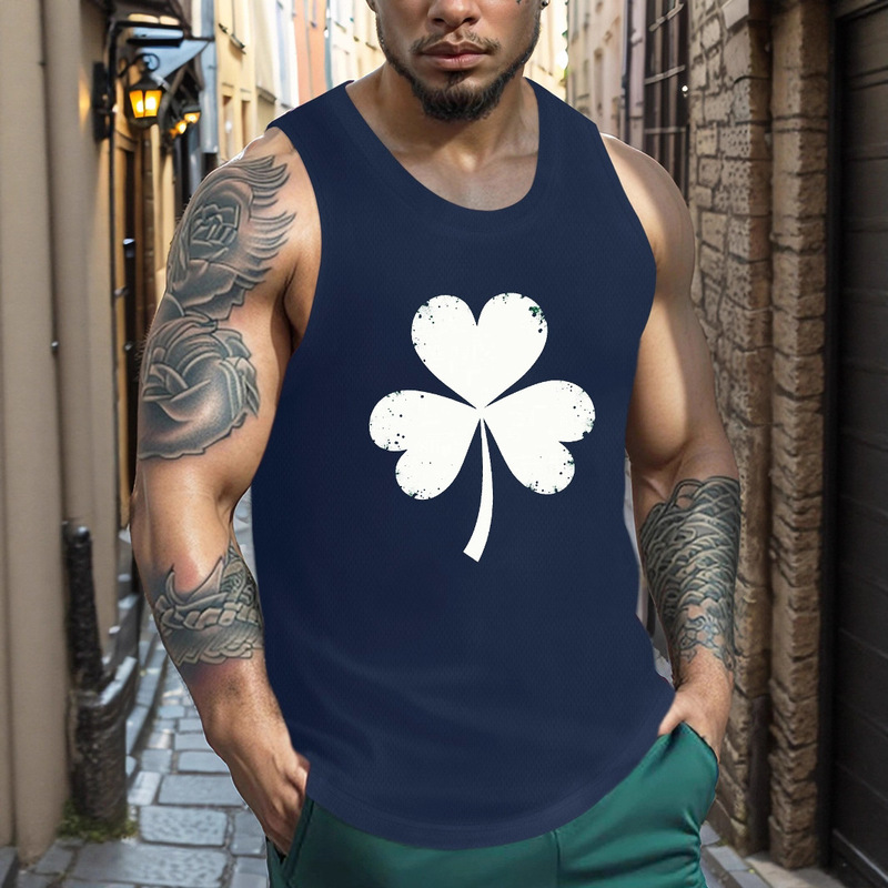Cross-Border Foreign Trade Summer Men's New Sleeveless Top Simple Style Clover Pattern Printed Round Neck Sports Vest Cross-Border Foreign Trade Summer Men's New Sleeveless Top Simple Style Clover Pattern Printed Round Neck Sports Vest