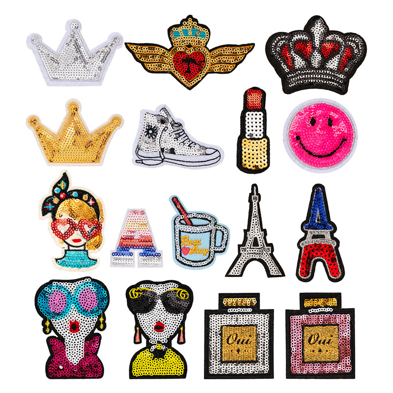 Sequin Trendy Icon Computer Embroidery Crown Lipstick Perfume Cartoon Embroidery Cloth Sticker Adhesive DIY Hole Patch