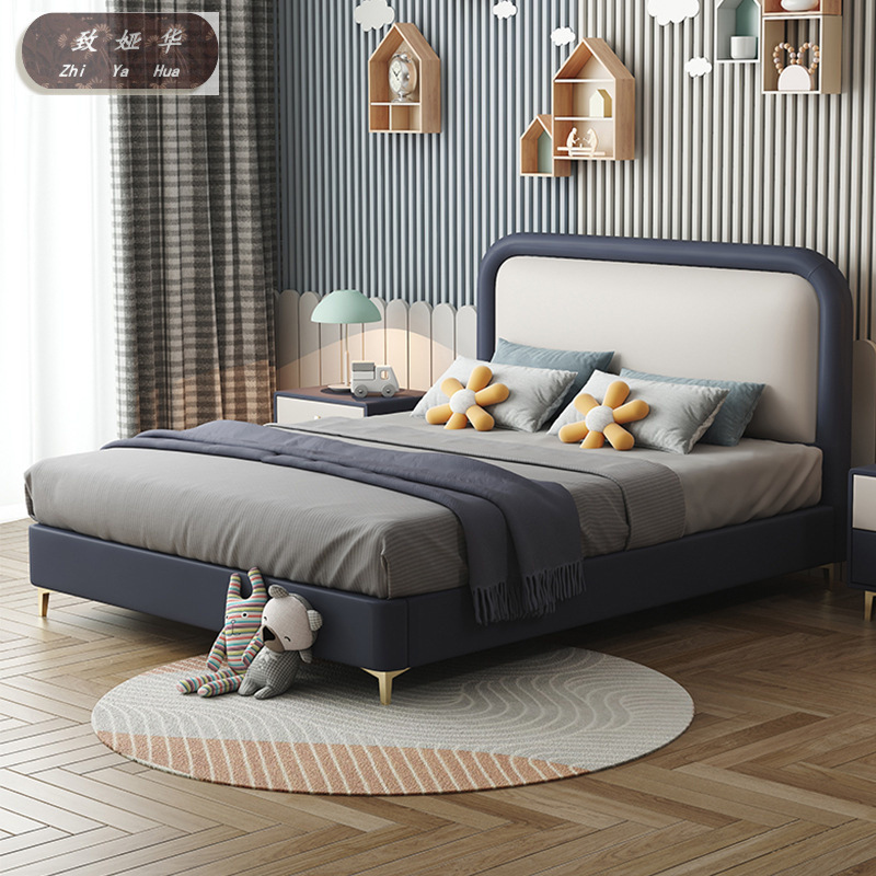 Solid Wood Single Bed 1.62m Light Luxury Storage Leather Bed Blue White Children's Bed Boy Soft Bed Simple Modern