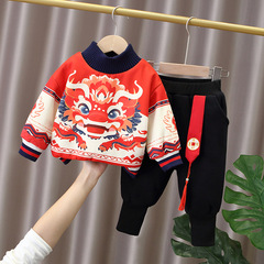 兒童拜年服冬男童中國風盤龍卡通衛衣加絨套裝女童加厚古裝兩件套