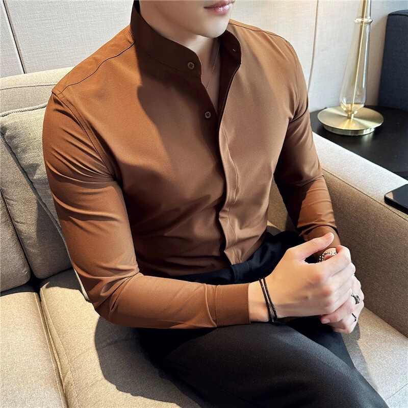 New long sleeve men's shirt stand collar long sleeve business casual youth open lining slim Korean style versatile shirt stand collar