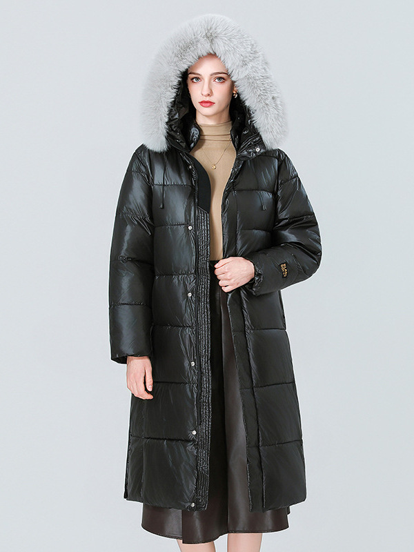 New Style Black and Gold Large Fur Collar Cotton Coat for Women, Extended Length Over-The-Knee down Cotton Jacket, Slimming Thickened Hooded Warm Coat