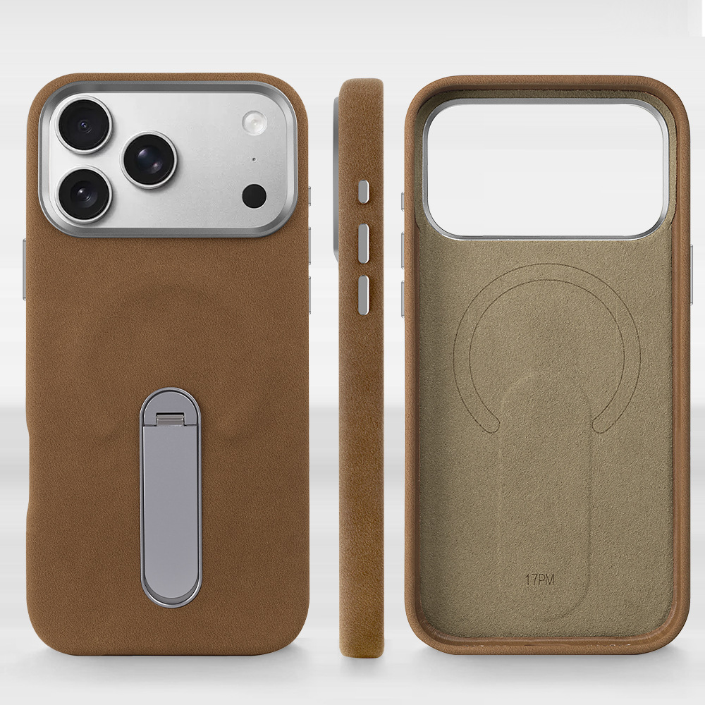Ốp lưng iPhone 16/17 Pro da lộn từ tính có chân đứng ẩn — màu đen, nâu, màu xám, Kaki chi tiết 7