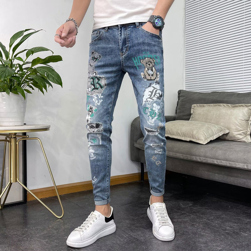 Spring and Summer Stretch Slim-fit Skinny Jeans Men's Korean-style Fashionable All-match European Station Bear Printed Pencil Pants