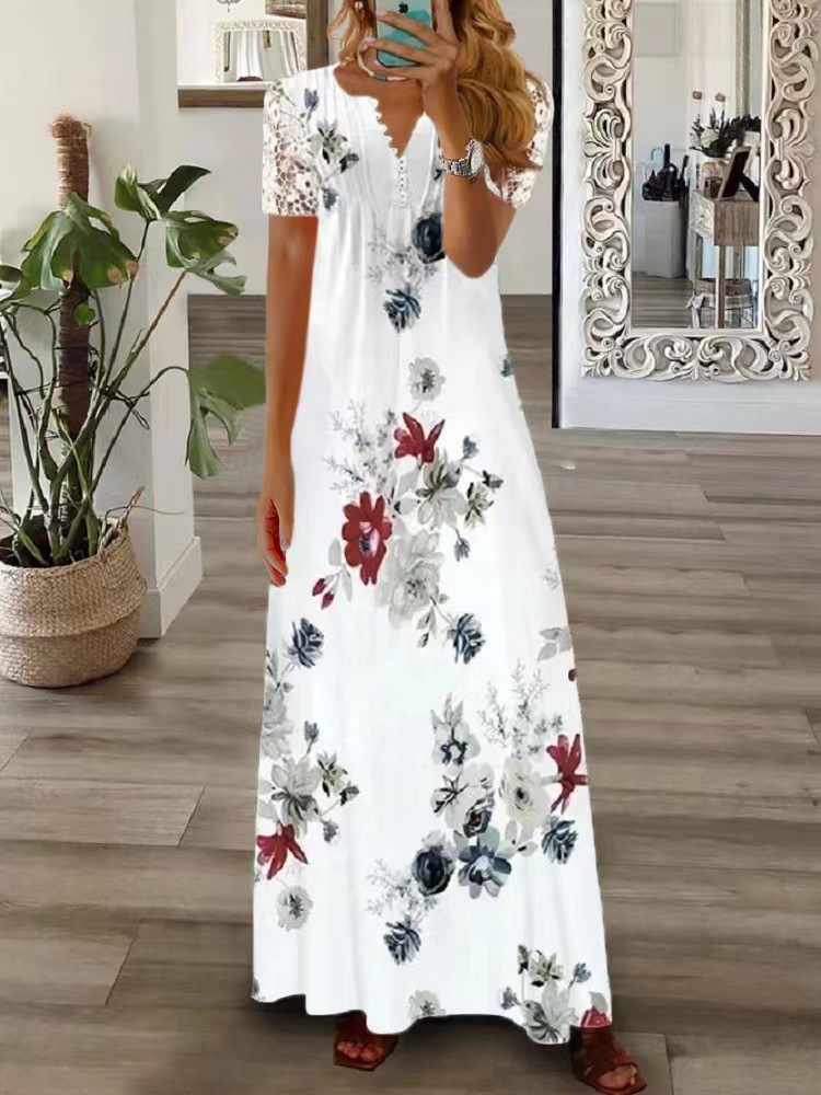 Frau Swing-kleid Lässig V-ausschnitt Drucken Kurzarm Blume Maxi Langes Kleid Täglich Straße display picture 3