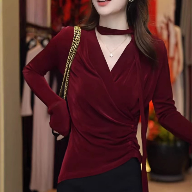 Spring 2026 New Stylish Long-Sleeve Velvet Top with Ribbon, Versatile, Flattering, and Fashionable Spring 2026 New Stylish Long-Sleeve Velvet Top with Ribbon, Versatile, Flattering, and Fashionable