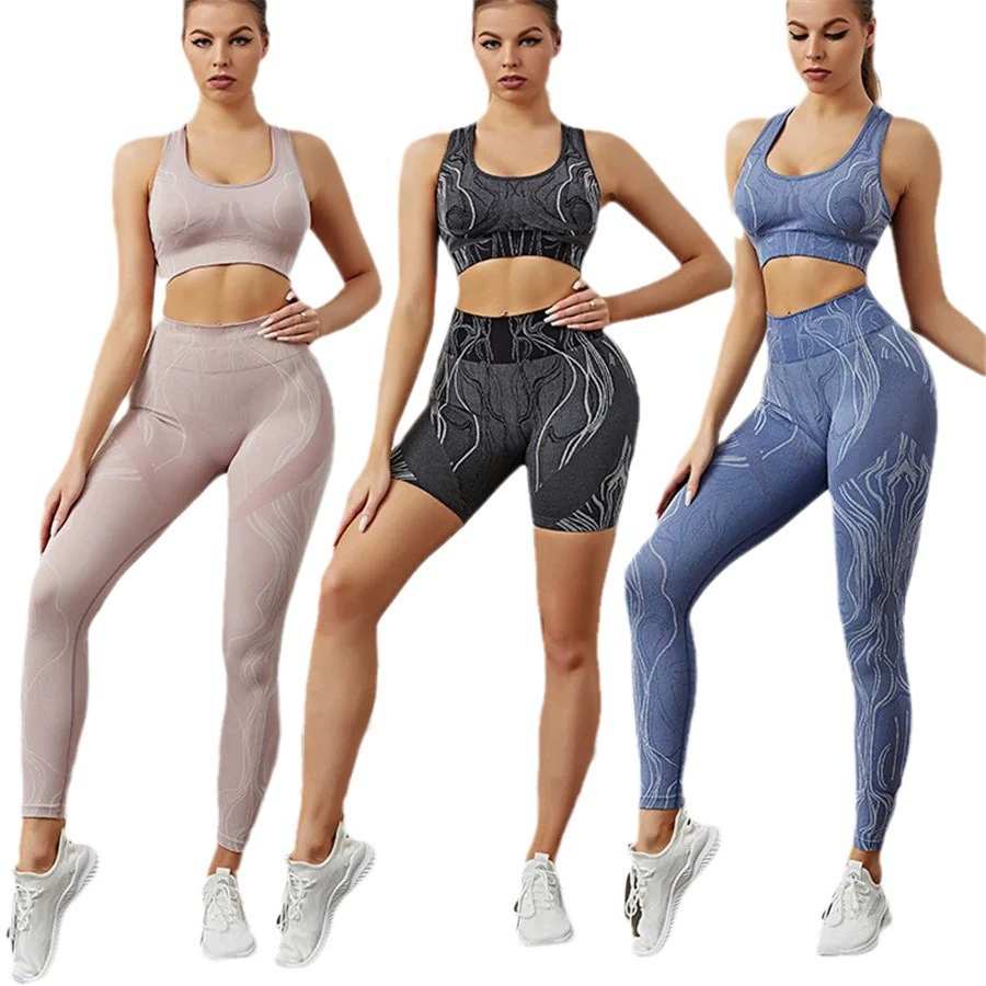 Amazon Wave/Ripple PRINT thickened sports yoga fitness seamless striped tight set