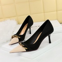 9283-A2 European and American style banquet women's shoes with thin heels, high heels, light mouth, color blocking, pointed metal chain decoration fashion single shoes