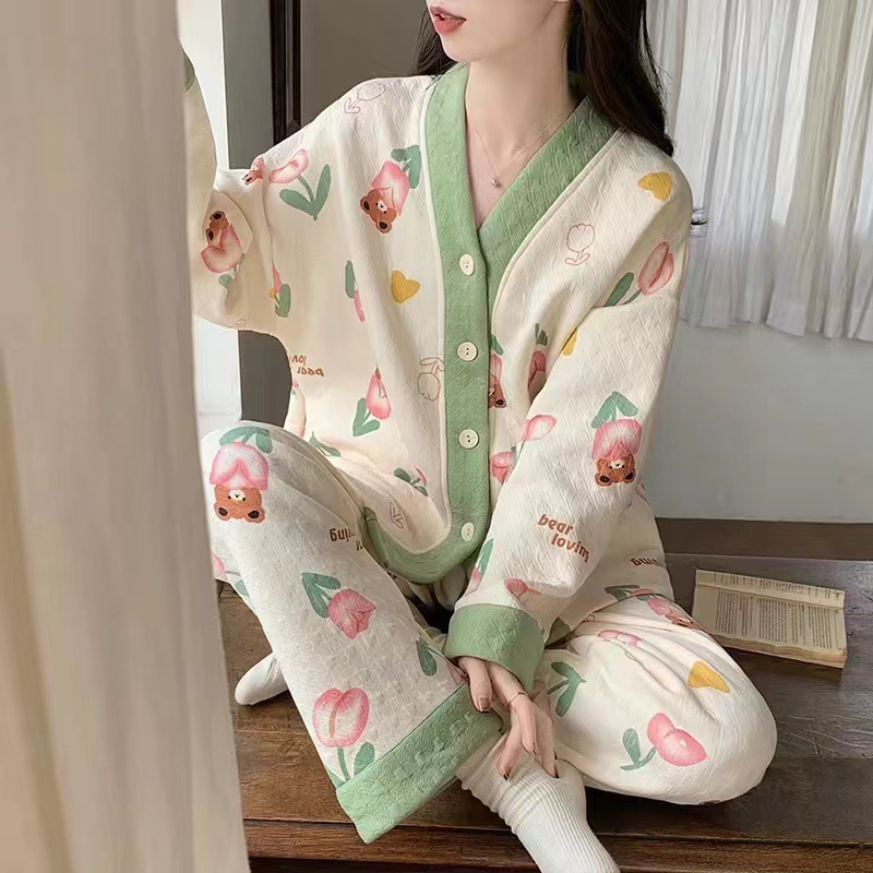 空气棉春秋款睡衣女简约休闲加厚薄款夹棉套装纯棉冬家居服可外穿|undefined